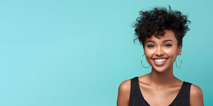 woman smiling with blue background