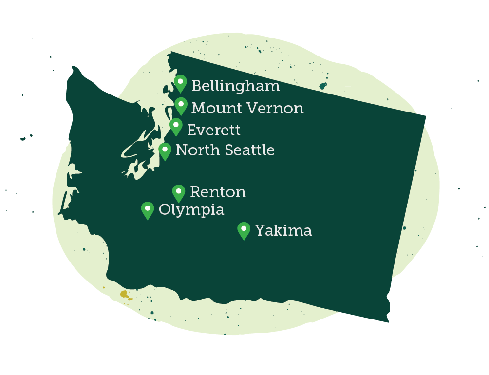 Stylized map of Washington showing Evergreen locations